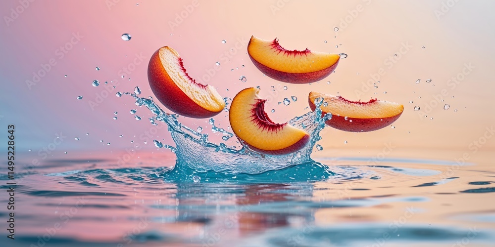 Aufkleber fresh peach slices create splashes in clear water against a soft gradient background during a bright