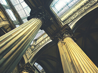 Low-angle view of grand interior columns and a glass ceiling, showcasing intricate architectural details