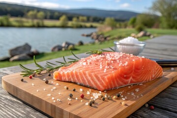 Fresh Salmon Fillet Sprinkled with Salt on a Wooden Board Outdoors