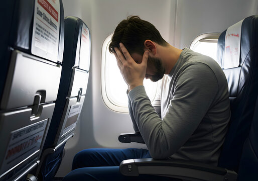 A Stressed Man on a Plane During a Flight Experiencing Anxiety and Discomfort