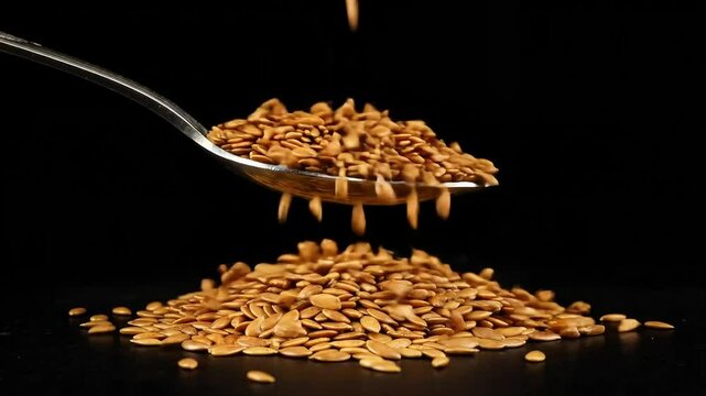 Flax seeds pouring from spoon onto pile in dark background  