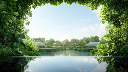 A lush green forest with a body of water in the foreground
