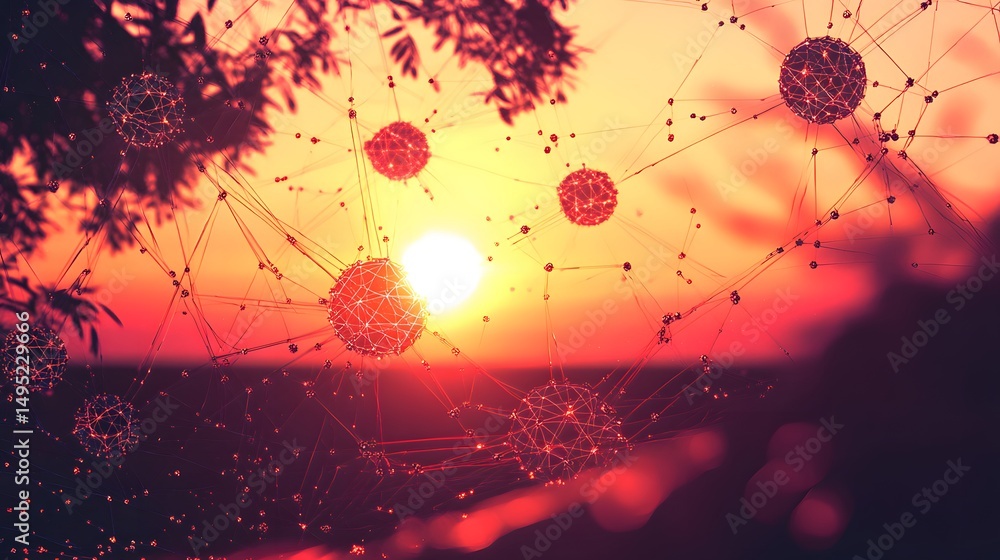 Aufkleber sunset view through a network of interconnected spheres.