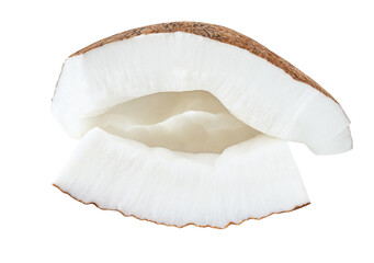 Flying Coconut pieces isolated on white. Falling Tropical coconut fruit slices. Coco nut Package design elements. Top view. Flat lay..
