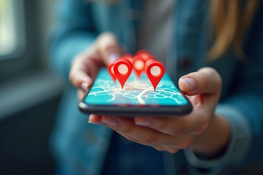 A holographic smartphone with a 3D map displaying red navigation icons of local points of interest is being held by a beautiful person's hand.