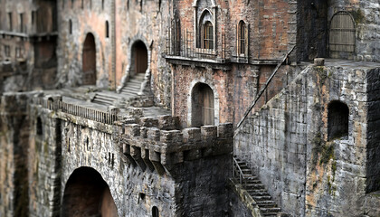 Intricate stone structure, possibly a bridge or fortress, showcasing layered architecture, arched entryways, and stairways.  Detailed textures and weathered appearance