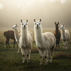Obraz premium Llamas in Misty Field Majestic Alpaca Herd