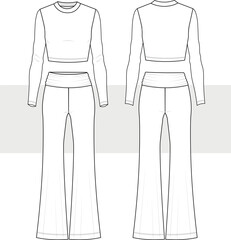 Women's crop top and flared leggings pants set fashion drawing, Technical flat sketch, illustration. Front and back view, Cad, Mockup.