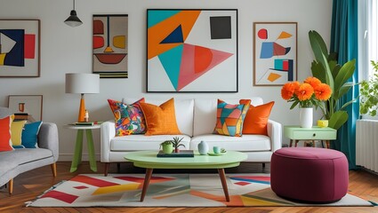 Modern Eclectic Living Room Interior with Bold Colors and Vibrant Decor