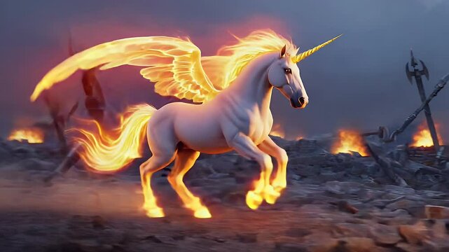 Fiery Winged Unicorn Amidst Ruins