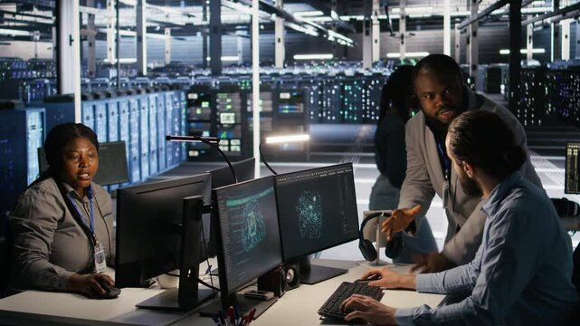 Server farm manager overseeing engineer examining neural network algorithms. Data center team leader and worker reviewing performance dashboards of artificial intelligence infrastructure, camera A