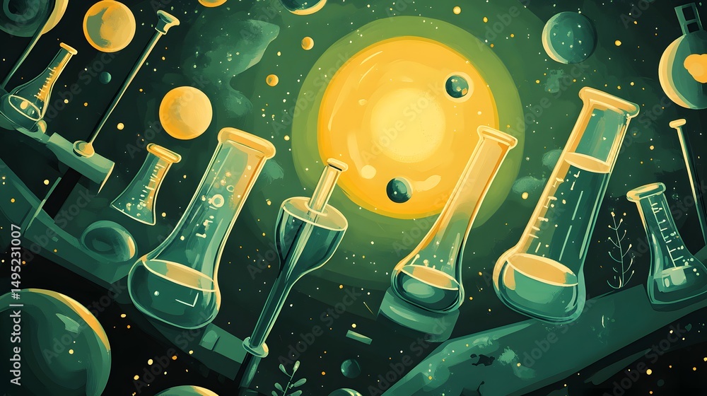 Poster colorful science experiment in a space setting.
