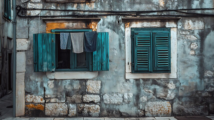 Weathered stone building with teal shutters, laundry hanging from one window