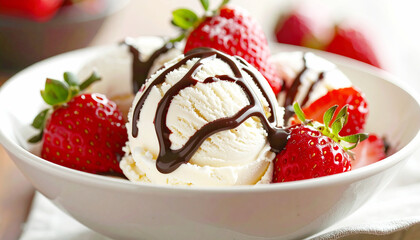 Vanilla ice cream, strawberries, with chocolate drizzle. AI