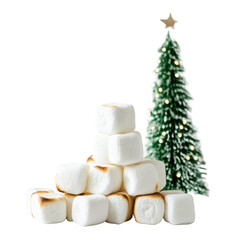 Stacked Toasted Marshmallows with a Christmas Tree in the Background for Holiday Cheer on transparent background