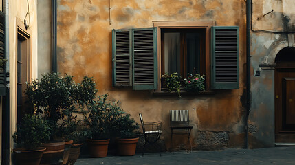 Charming courtyard with aged ochre building, potted plants, open window with flower box, and metal chair
