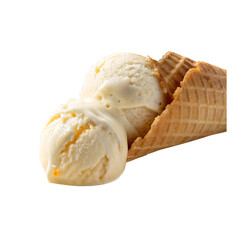 Cold ice cream scoops sit in a cone and start to melt on a isolated on transparent background