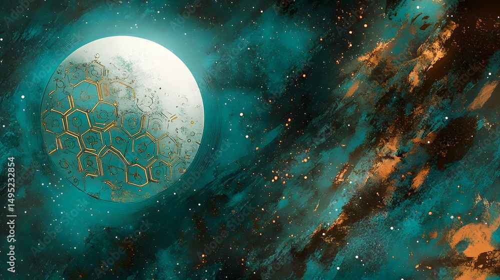 Poster celestial body with intricate hexagonal patterns.