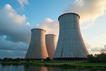 Fototapeta premium Large industrial cooling towers against a cloudy sky Energy production, industrial infrastructure, power plant, heat dissipation , manufacturing, heavy industry