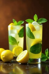 Two mojitos, ice, lemon, mint, brown background, Caribbean, still life