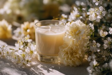 Scented Candle Surrounded By White Flowers Creating a Relaxing Atmosphere, Ideal for Self-Care and Home Fragrance Product Promotion : Generative AI