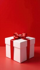 Obraz premium Elegant white gift box, red ribbon, red background, simple, photography, still life