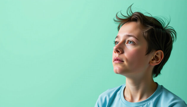 Thoughtful young person gazes upward against soft mint green background, reflecting moment of contemplation and introspection