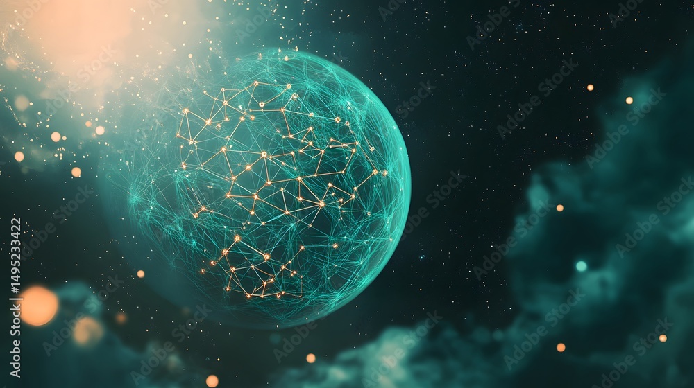 Poster abstract digital sphere with interconnected network in space.