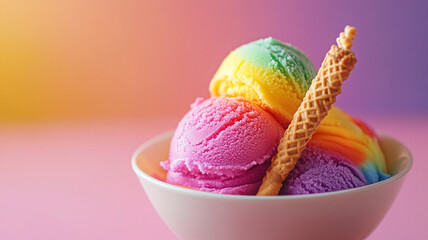 Vibrant rainbow sherbet scoops with a wafer stick. Colorful and refreshing frozen dessert.