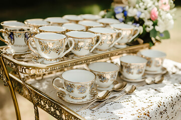 Elegant gold serving cart displays delicate teacups and saucers, adorned with intricate floral patterns, ready for a refined tea party or special event