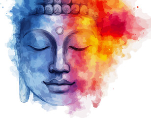 Peaceful watercolor portrait of Buddha face with serene expression and soft brushstrokes - vector illustration