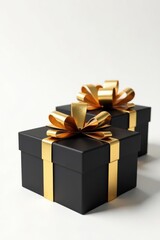 Obraz premium Elegant gold & black gift boxes, gold ribbon bows Isolated white background , packaging, celebration, sale