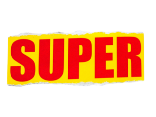 "SUPER" wording or text with pieces of torn or cut paper, design elements isolated on transparent background.