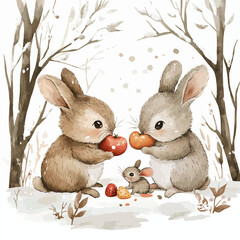 Charming watercolor illustration of cute little bunnies sitting in the snow eating fruits in a winter scene - vector illustration