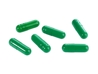Bulk green capsule pills isolated on white background.