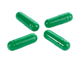 Bulk green capsule pills isolated on white background.