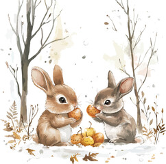 Charming watercolor illustration of cute little bunnies sitting in the snow eating fruits in a winter scene - vector illustration