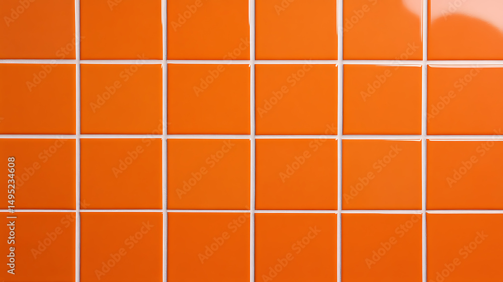 Poster orange tiled surface with white grout, forming a grid pattern, creating a bold and vibrant effect su