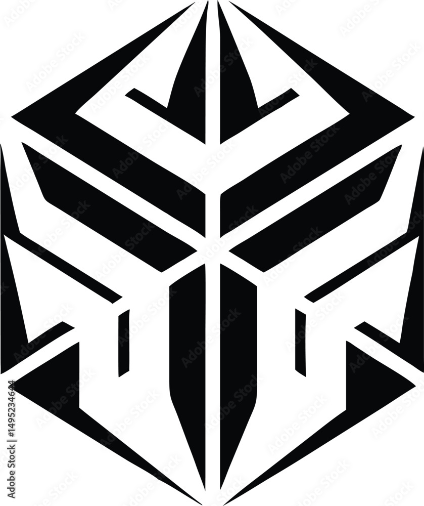Poster abstract cube logo design with sharp lines and symmetrical gray color