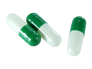Bulk green and white capsule pills isolated on white background.