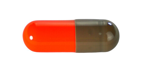 One red and brown capsule pills isolated on white background.