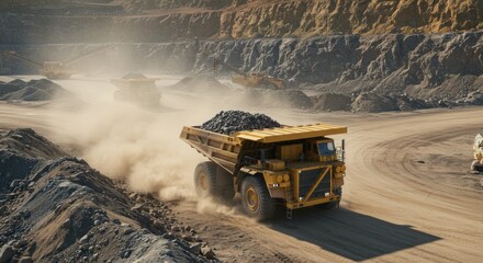 A massive dump truck moves through a busy open-pit mine carrying a full load of rocks.