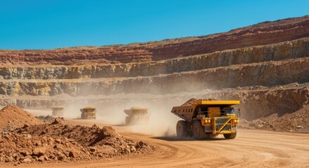 Several large mining trucks are driving through a dusty pit, carrying earth materials during the day.