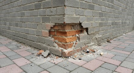A detailed shot captures the damaged corner of a brick wall, showing the visible structure.