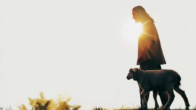 Jesus Christ Walking with a Sheep, Double Exposure, Space for Text. The video can be used to illustrate the gospel event, biblical times. For Christian media