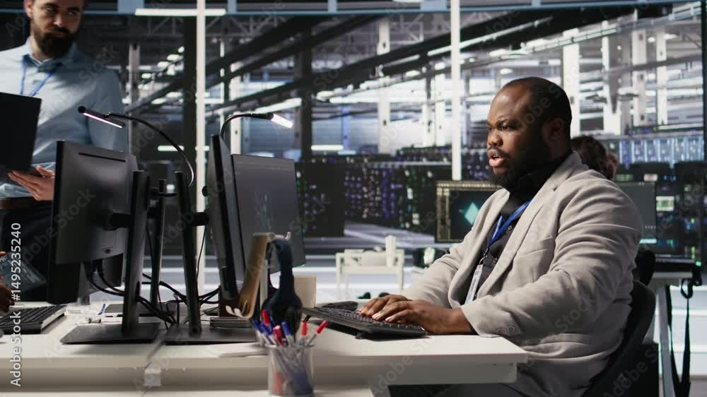 Poster data center system administrator monitoring servers gear performing ai training and inference tasks.