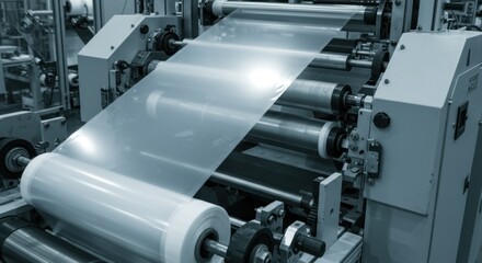 Close-up of plastic film in industrial machinery during the manufacturing process.