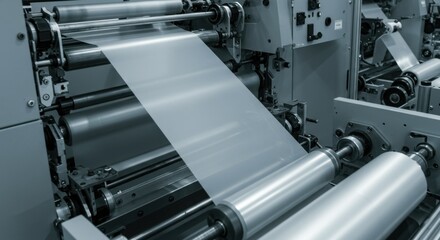 An industrial machine steadily producing plastic film in a large manufacturing facility setting.