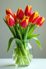 Fototapeta premium Vibrant red and yellow tulips in a glass vase, photography, image