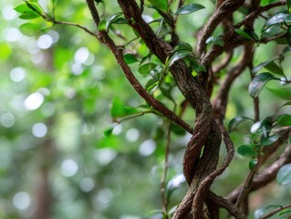 Close-Up of Twisted Tree Branches and Green Leaves, Symbolizing Growth, Resilience, and Nature's Beauty for Environmental Awareness Campaigns : Generative AI